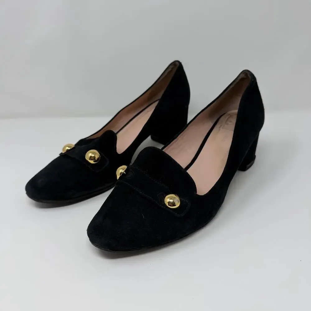 Kate Spade Black Suede Block Heel Pumps 9.5 Gold Stud